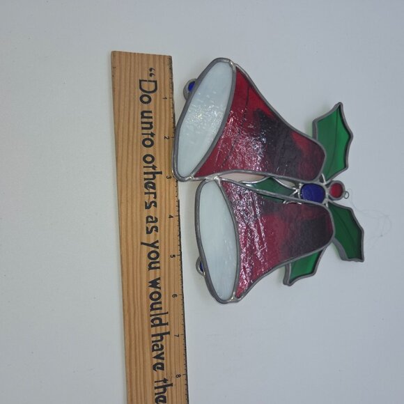 Stained Glass Christmas Bells Holly Sun Catcher 6" Window Ornament Metal Heavy H - Picture 4 of 4